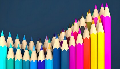 Colorful pencils arranged in a wave pattern against a dark background