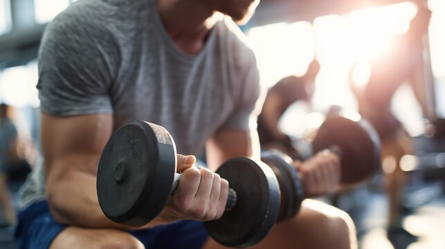 Man working out at a gym, focusing on bicep curls with dumbbells