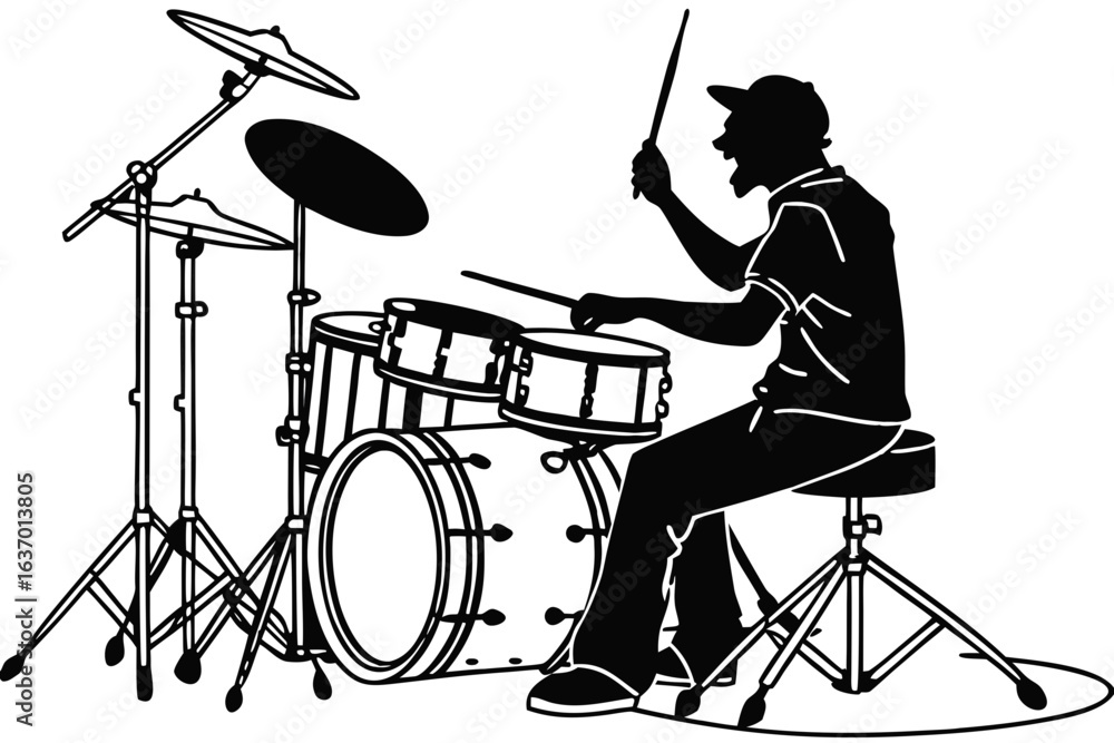 Poster silhouette of a drummer playing a drum set with cymbals and drumsticks in a musical performance crea
