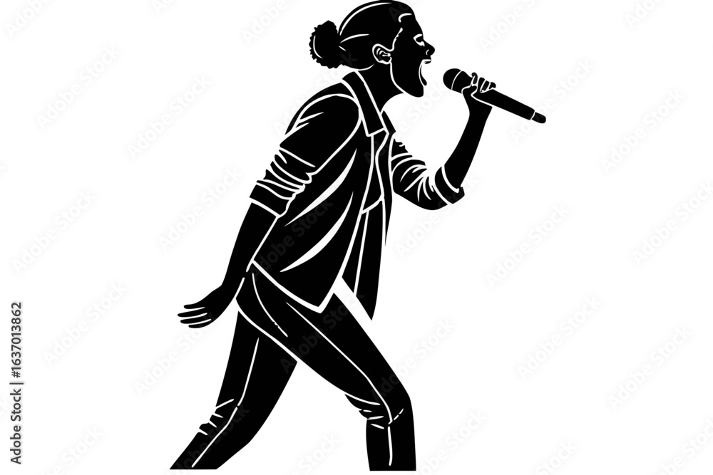 Poster silhouette of a person singing into a microphone with intensity and wearing an open jacket design cr