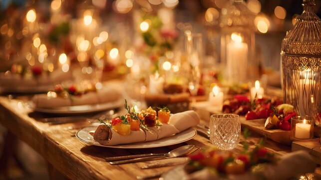 Elegant dinner setting with appetizers and candles.