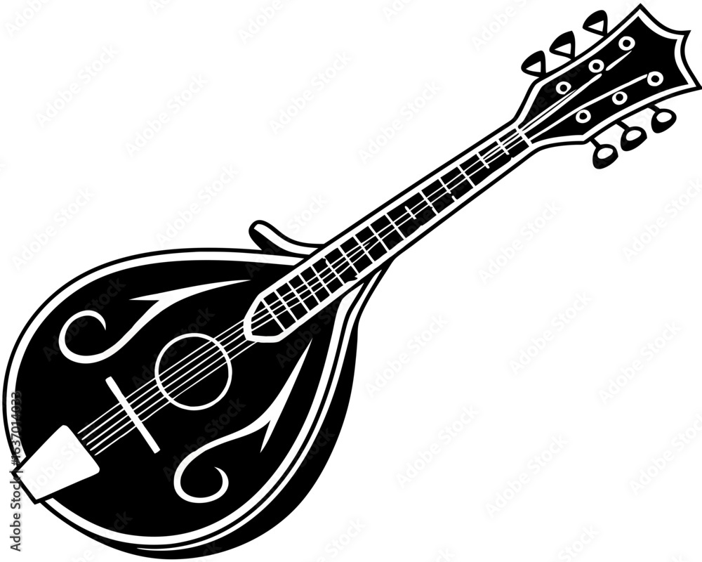 Poster illustration of a black and white mandolin with strings and tuning pegs in detailed vector art creat