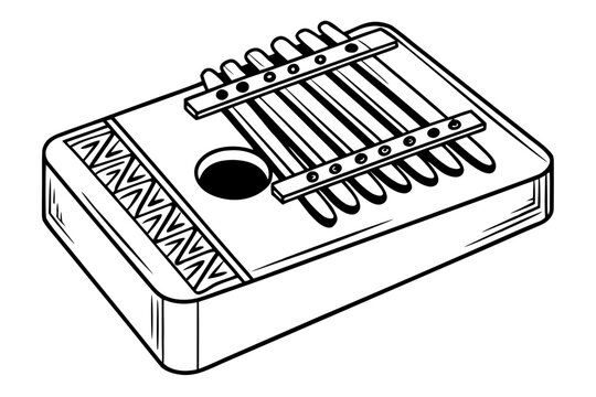 Illustration of a kalimba musical instrument with black and white color scheme and detailed line work created with generated ai