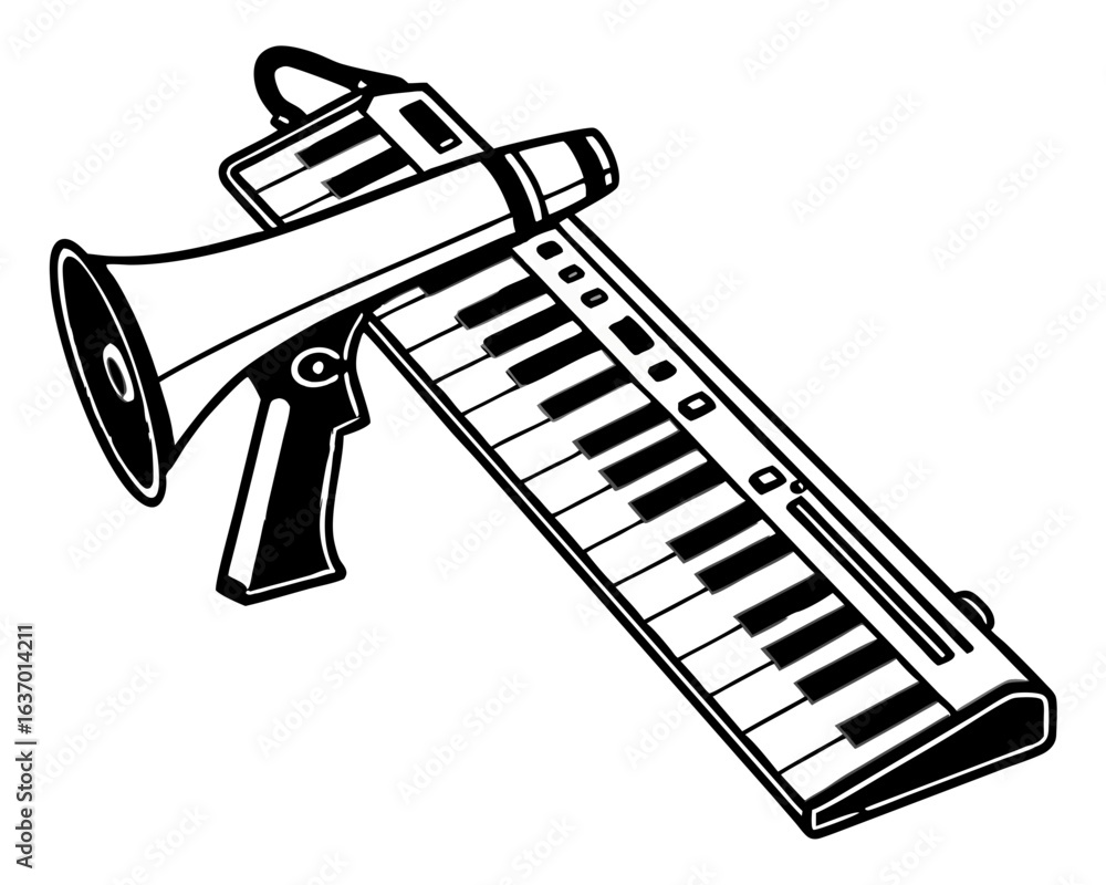 Poster illustration of a megaphone placed on top of a keyboard with black and white keys in monochrome styl