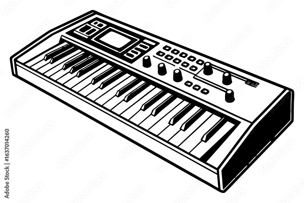 Poster illustration of a synthesizer keyboard with multiple knobs and a screen in black and white style cre