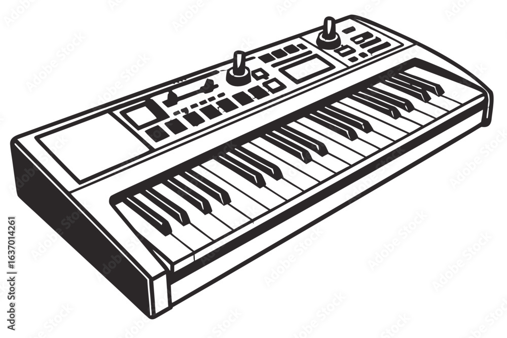 Poster illustration of a synthesizer keyboard with knobs and buttons in black and white outline style view 