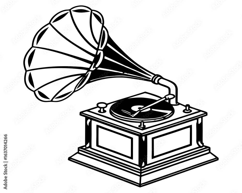 Poster illustration of a vintage gramophone with a large horn speaker and a record player on a cabinet base