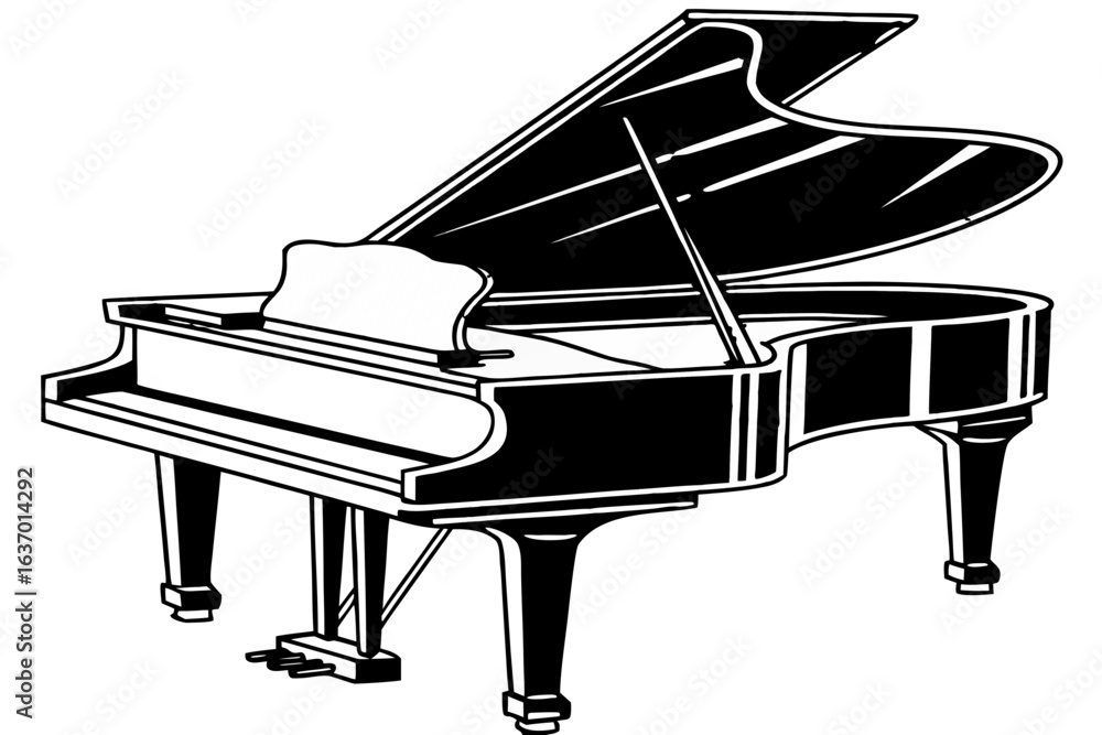 Poster illustration of a grand piano with the lid open showing keys and pedals in black and white style cre