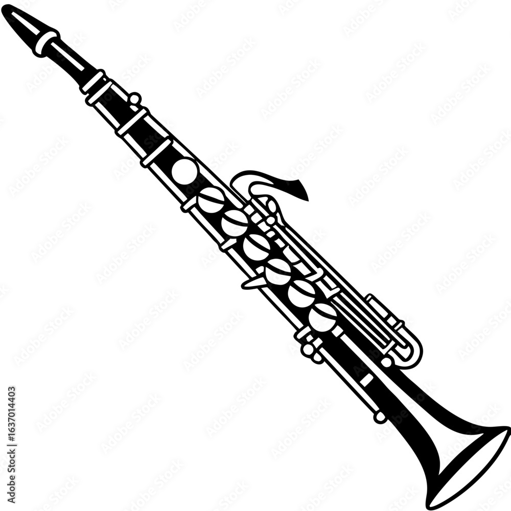 Poster illustration of a black and white clarinet with keys and mouthpiece in a simple graphic style create