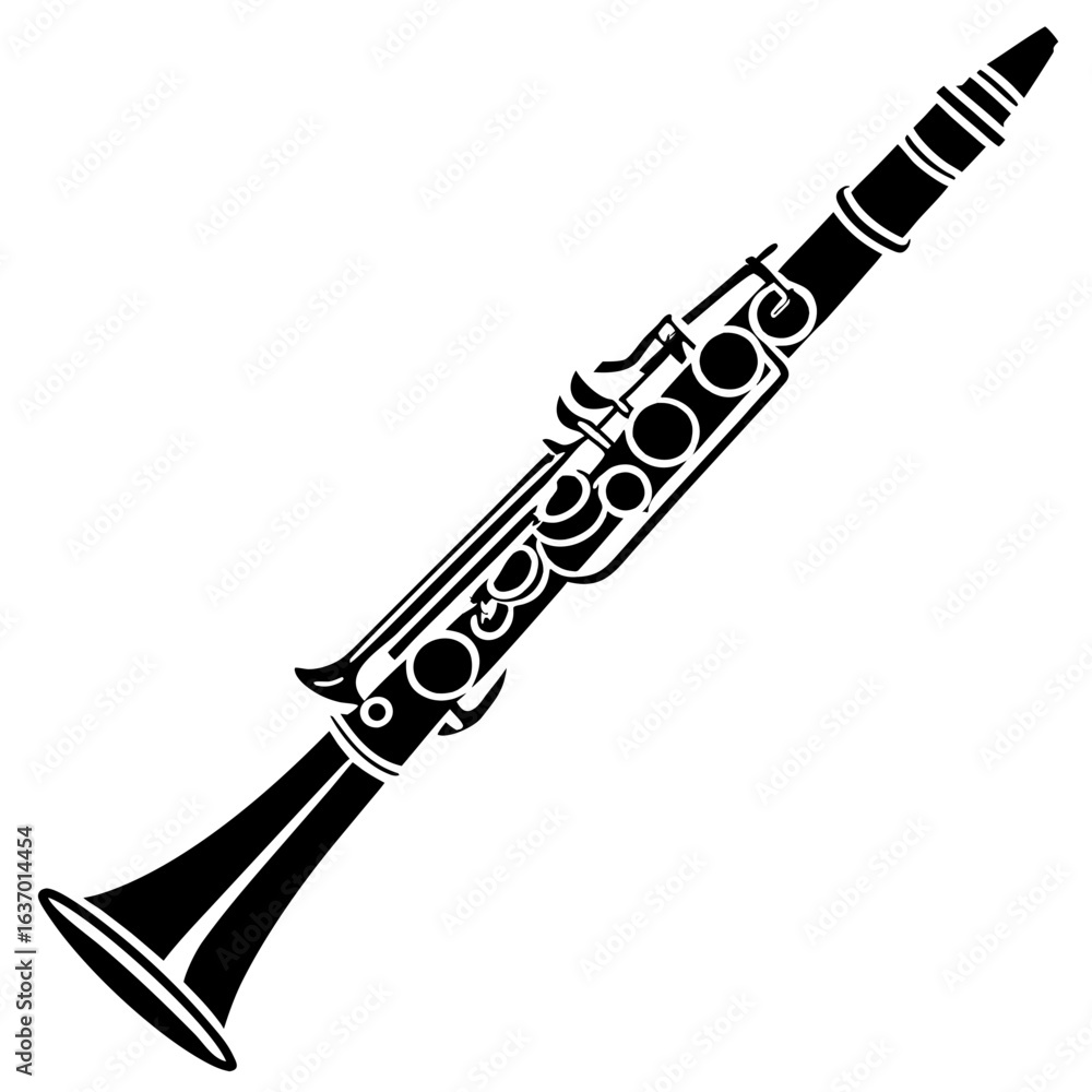 Poster illustration of a black clarinet with keys and mouthpiece isolated on a white background in a vector