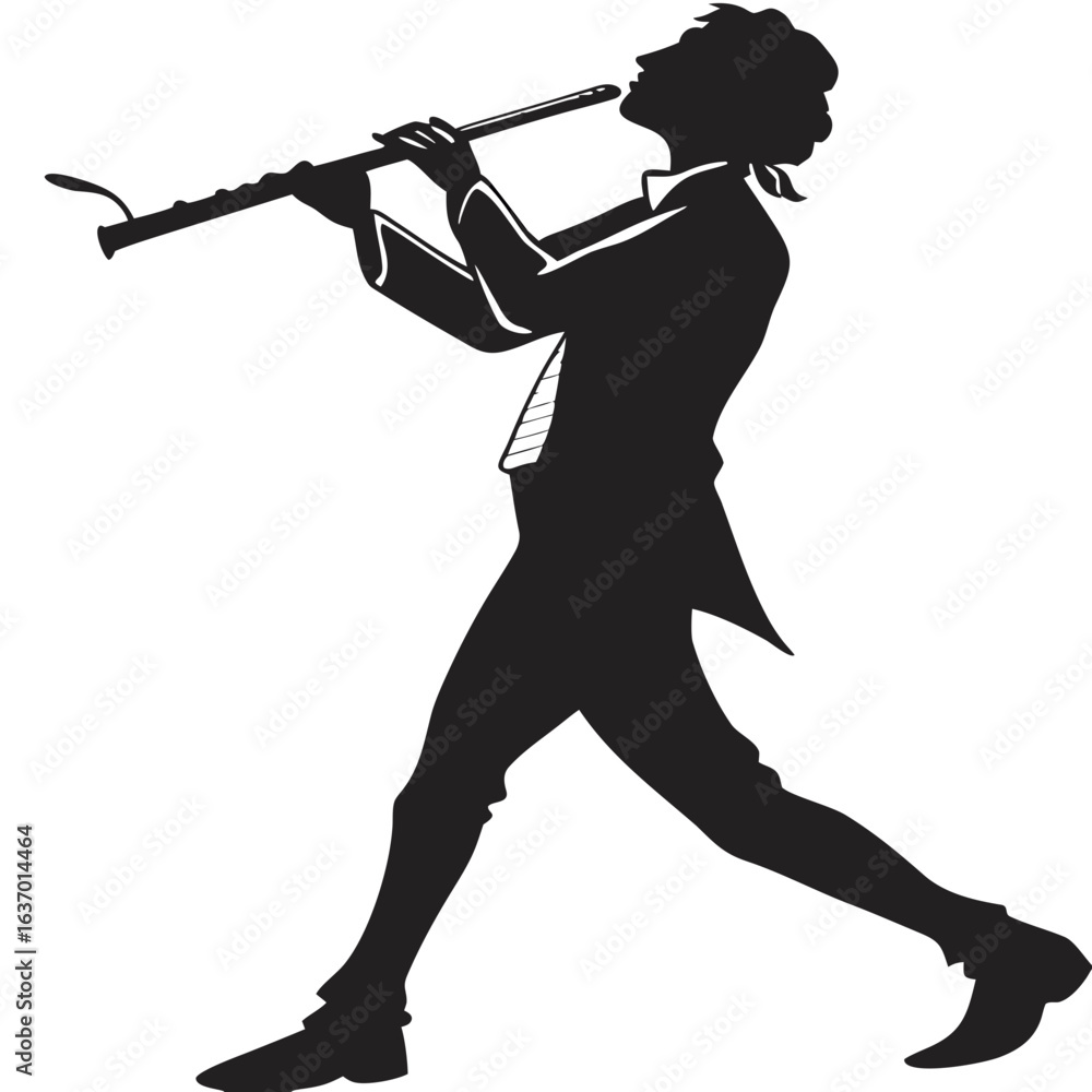 Poster silhouette of a musician playing a flute in a formal suit with a ponytail and a classical instrument