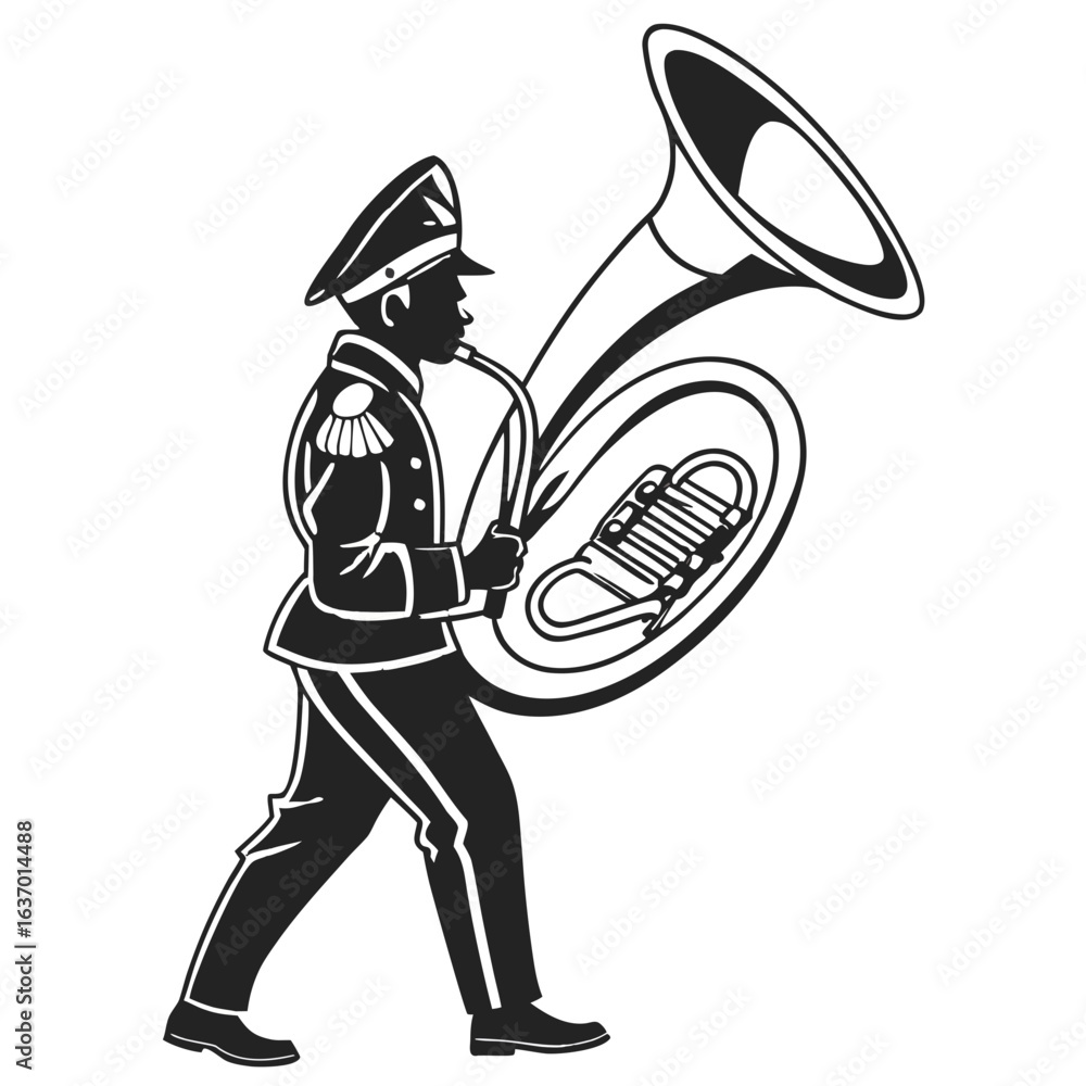 Poster silhouette of a marching band member playing a tuba with uniform and hat in black and white style cr