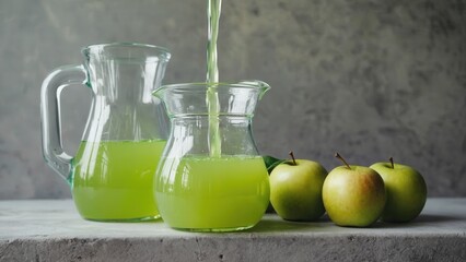Pouring fresh apple juice into glass pitcher on gray background