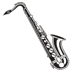A black and white illustration of a saxophone with keys and a curved neck on a white background created with generated ai