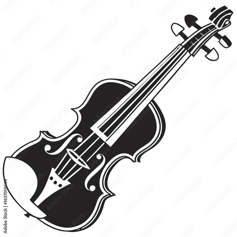 Poster detailed monochrome vector illustration of a violin with strings and tuning pegs on white background