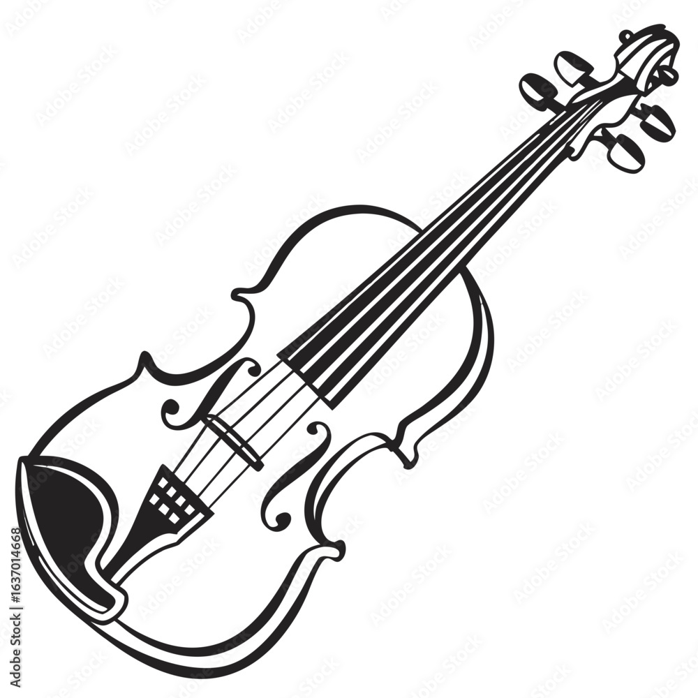 Poster illustration of a classic violin with strings and tuning pegs in black and white outline style art d