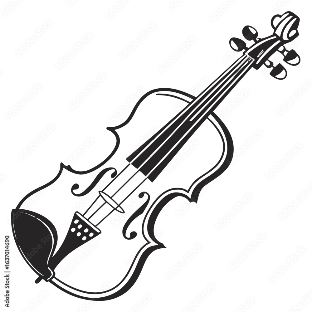 Poster illustration of a classical violin with strings and tuning pegs in black and white style drawing art