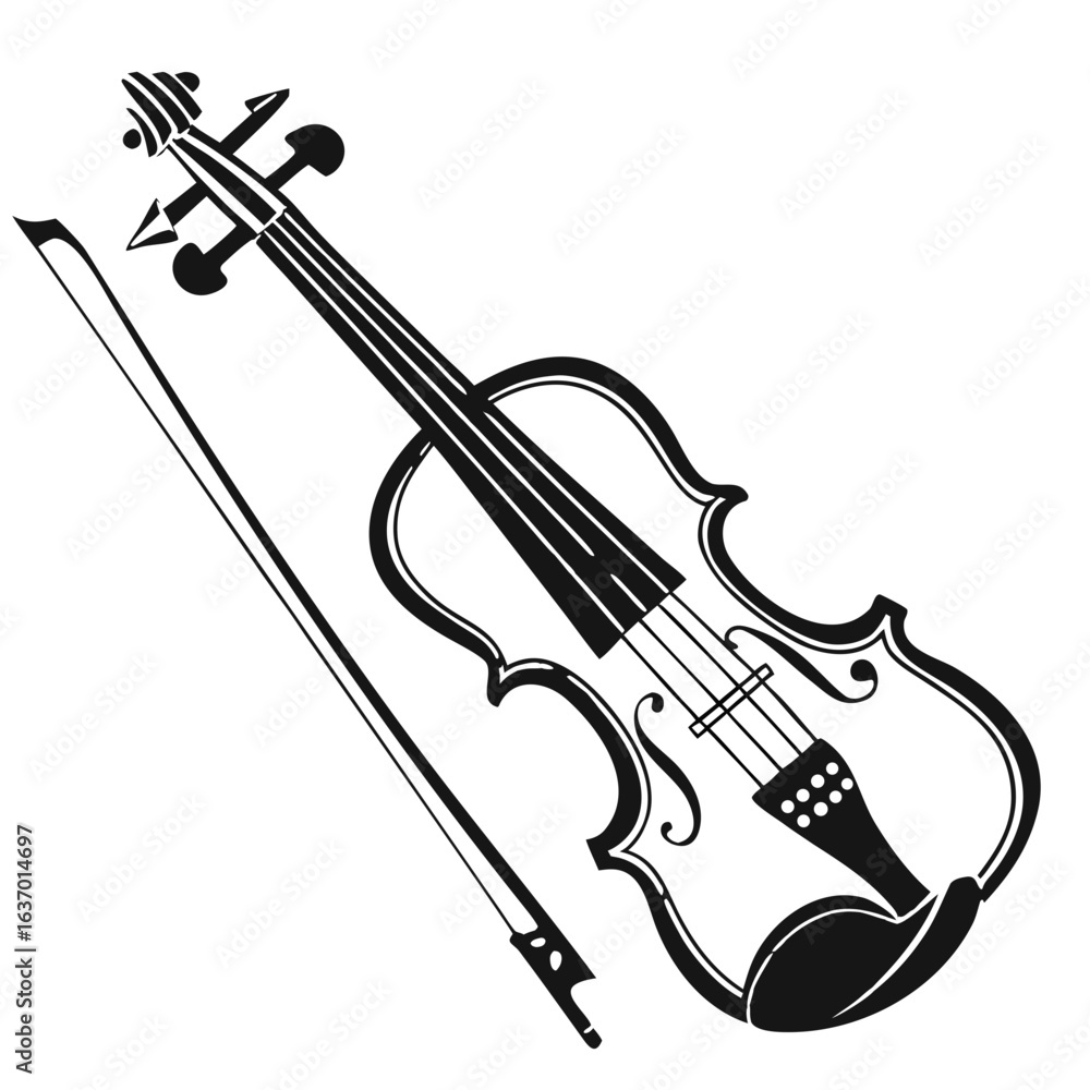 Poster illustration of a violin with its bow lying next to it in a monochrome black and white design style 