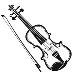 Obraz premium Illustration of a violin with its bow lying next to it in a monochrome black and white design style created with generated ai