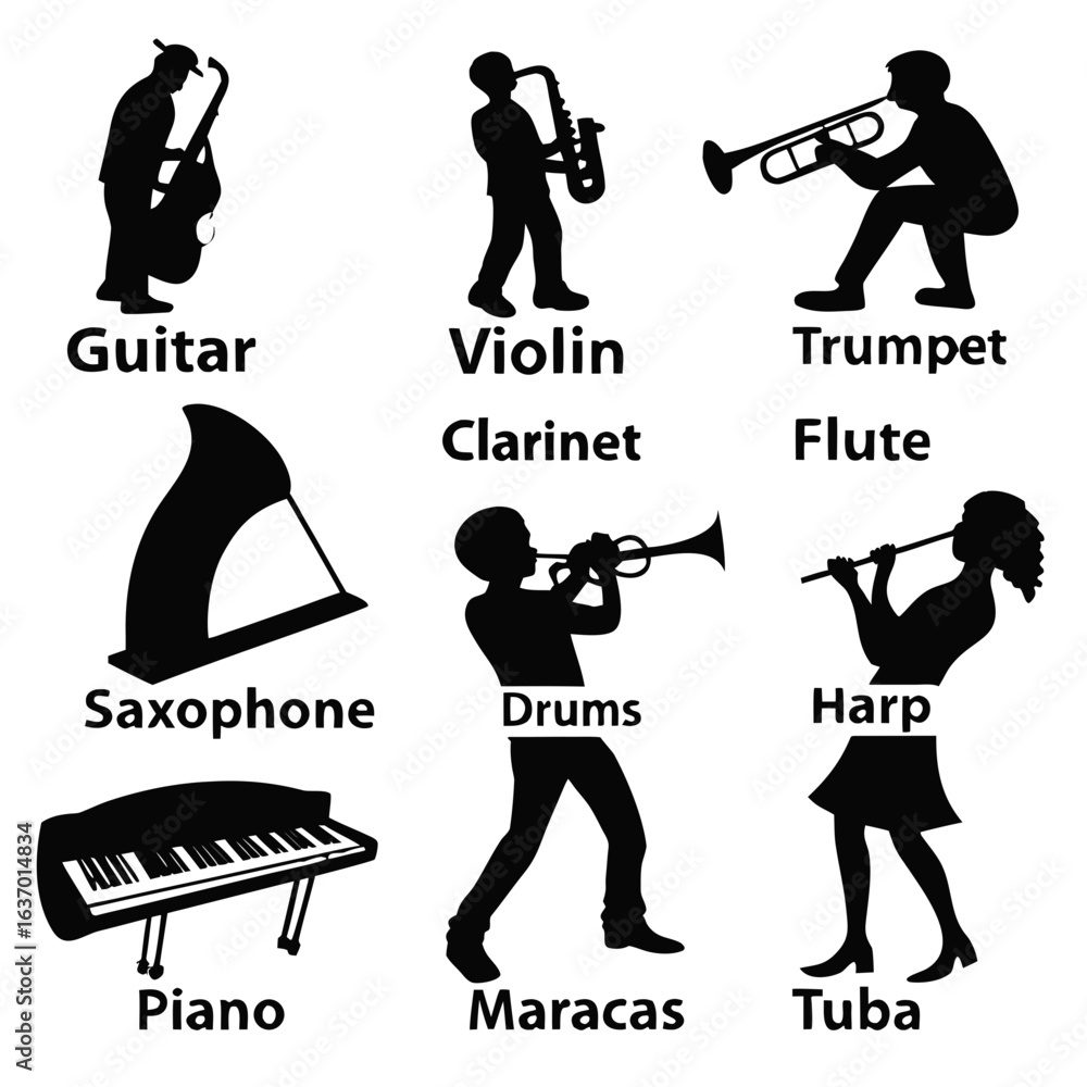 Poster silhouettes of musicians playing various musical instruments with labels on a white background desig