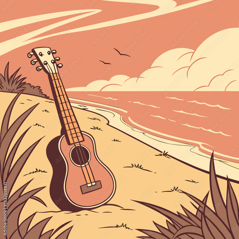 Poster ukulele resting on a sandy beach with ocean waves and cloudy sky in the background illustration crea