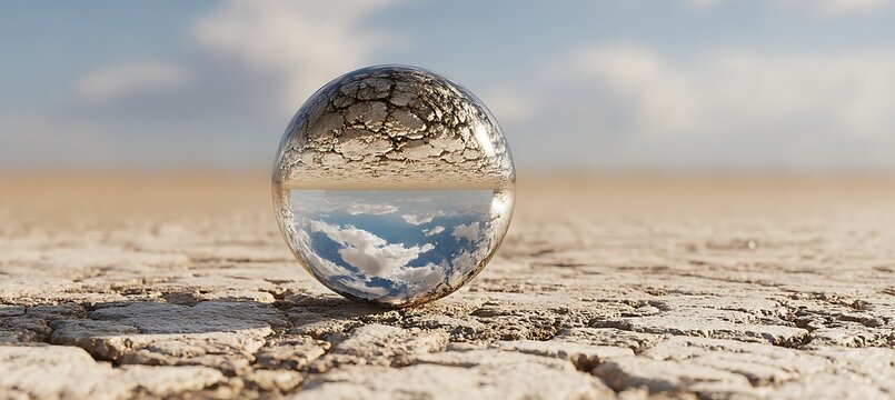 Glowing orb delicately holds image of parched earth merging with expansive open sky above