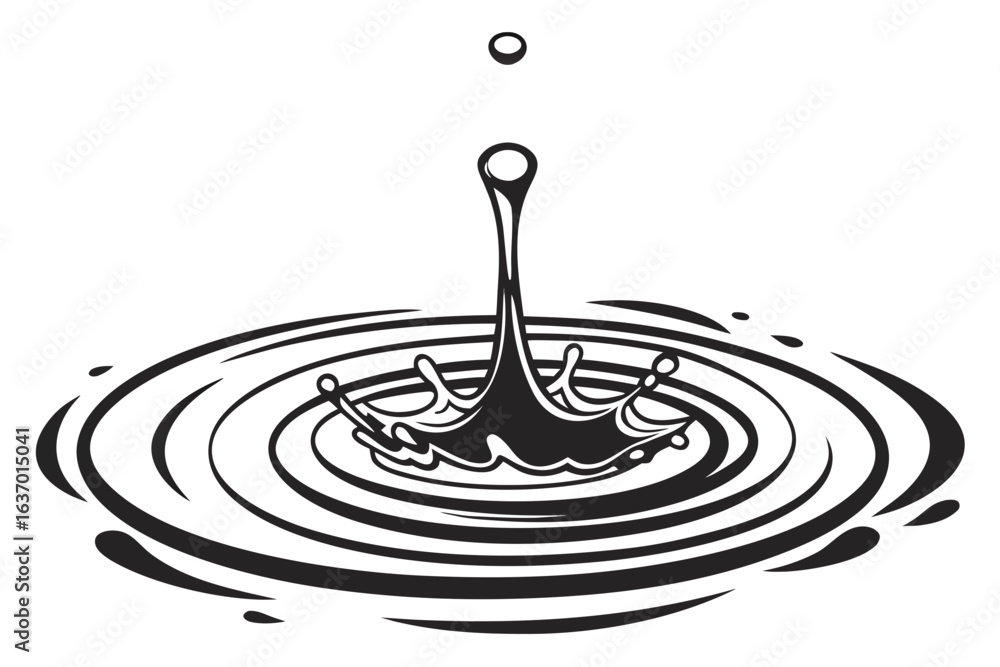 Poster illustration of a water droplet falling, creating a splash and concentric ripples on the surface of 