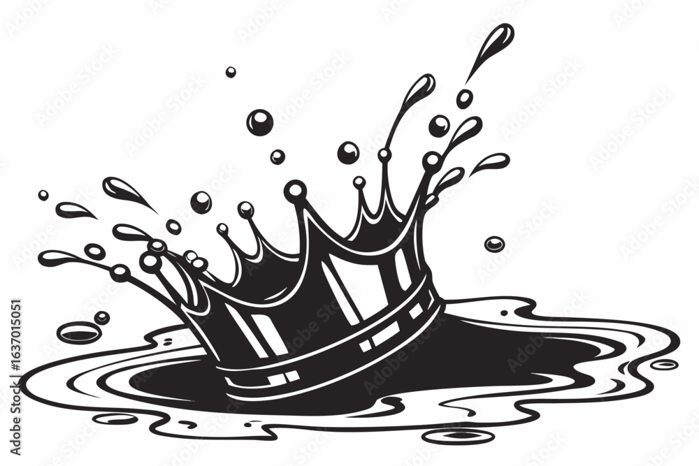 Poster black crown falling in water with splash and droplets in monochrome illustration style image is show