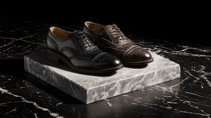 Two pairs of leather brogues displayed on a marble pedestal.