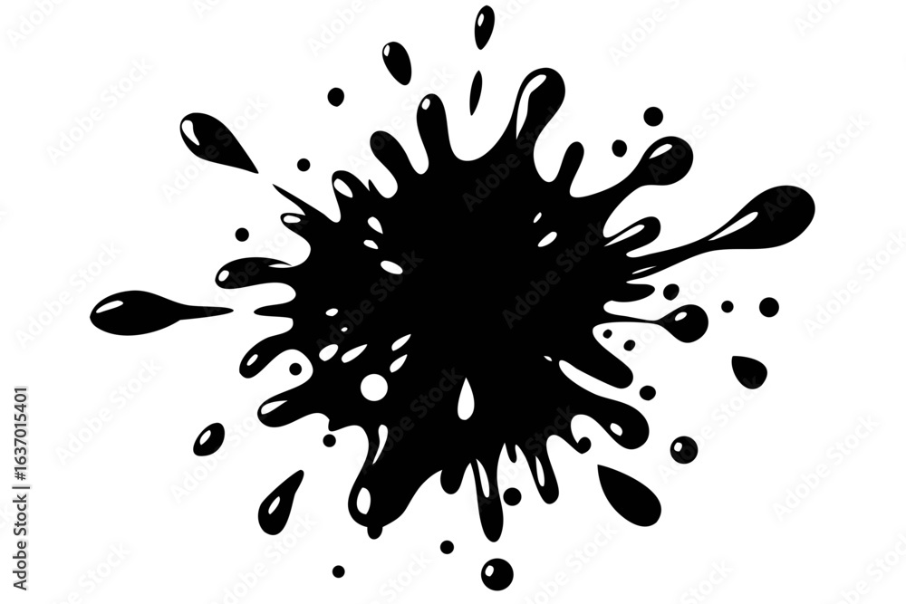 Poster illustration of a black ink blot with various sizes of splatters and drops on a white background cre