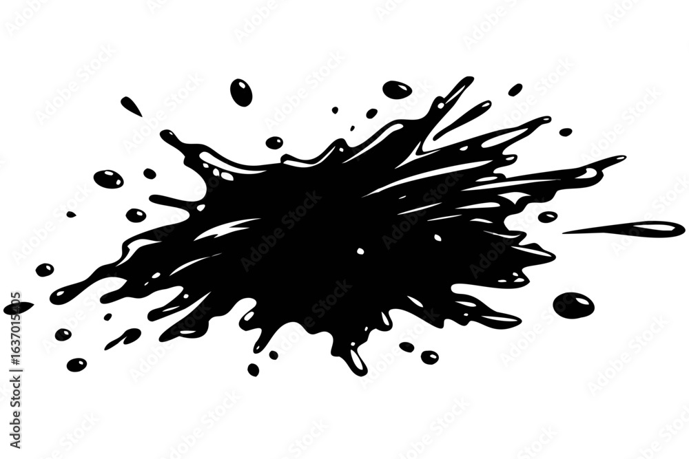 Poster illustration of a black ink blot with splatters and drips on a white background with sharp edges cre