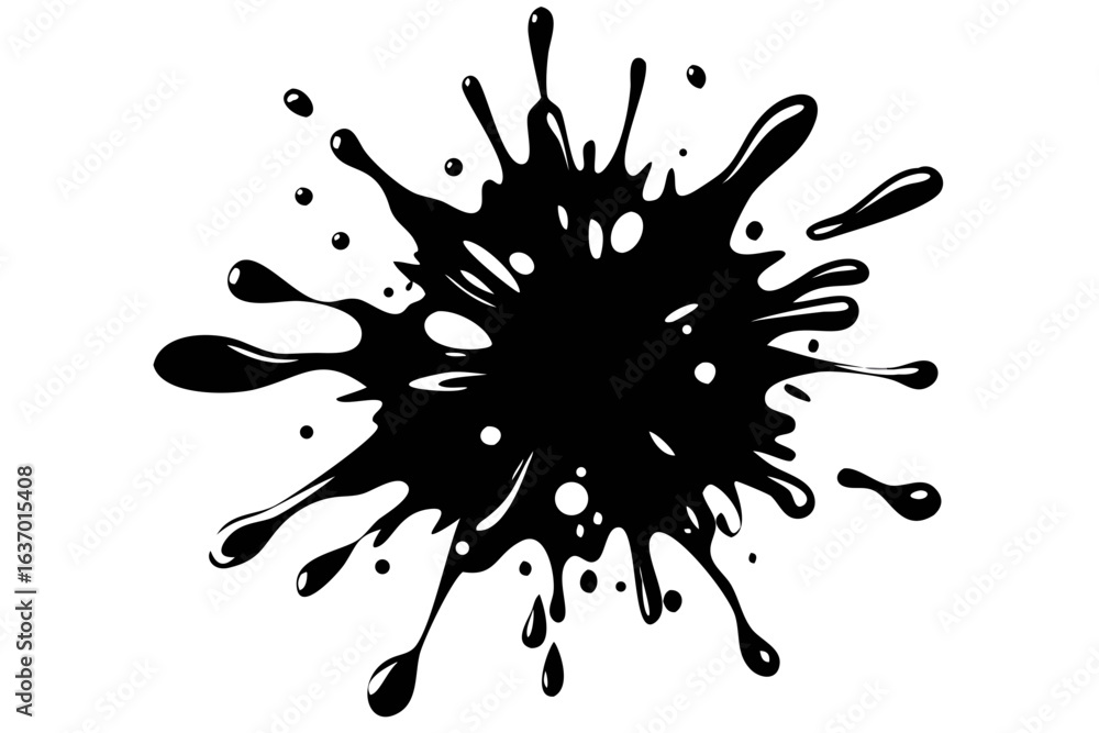 Poster illustration of a black ink blot with splatters and droplets on a white background in vector format 