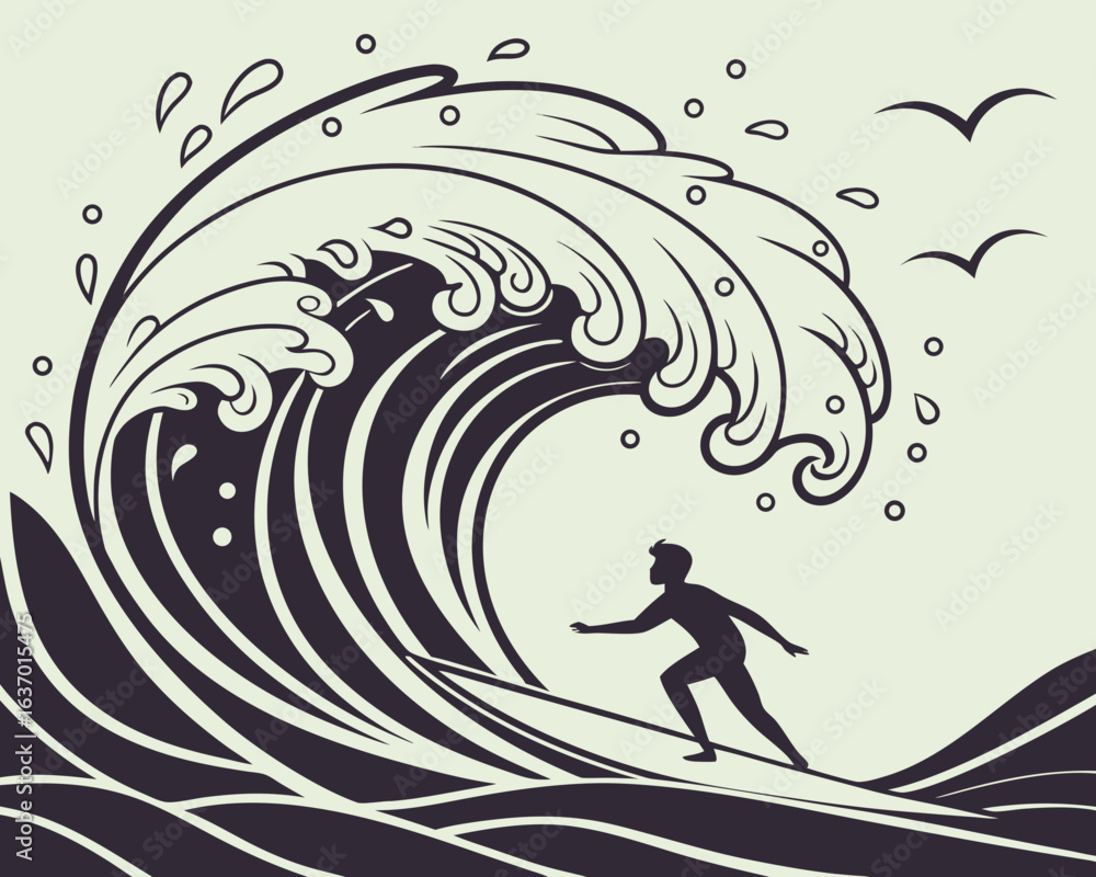Poster silhouette of a surfer riding a large wave with birds flying overhead in a stylized design created w