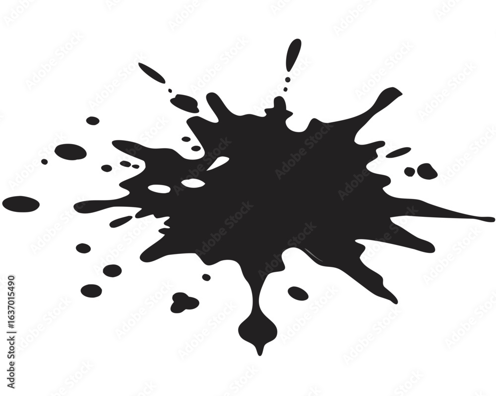 Poster isolated black ink blot with splatters and drips on a white background in a vector graphic style art