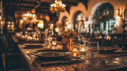 A well-set table with fine dining tableware in a dimly lit restaurant.