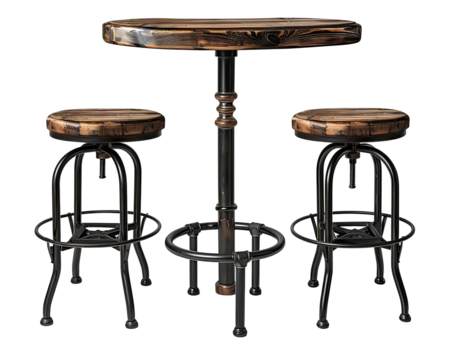 Dark wood round bar table with two stools