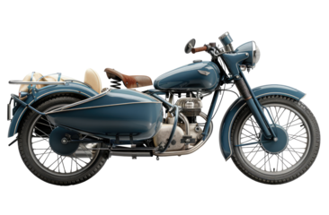 Classic sidecar motorcycle, dark teal blue, vintage style