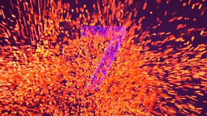 Vivid 3D number 7 formed by dense clusters of purple and pink glowing spheres, placed at the center of a fiery explosion of orange streaks. The energetic composition conveys momentum and urgency