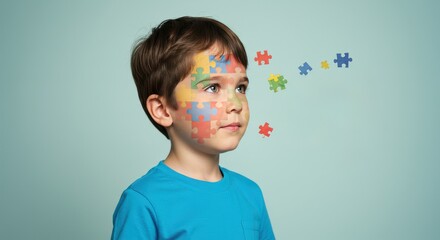 Autism Awareness: A young child's face adorned with colorful puzzle pieces, symbolizing understanding and acceptance.