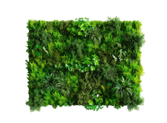 Rectangular wall-mounted artificial green plants.  Variety of foliage, textures and sizes, creating a dense, lush display