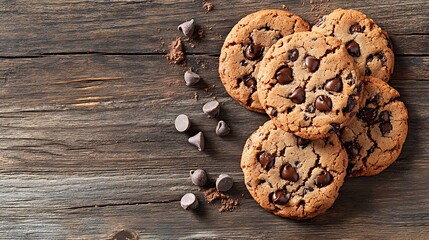 Fototapeta premium Delicious homemade chocolate chip cookies recipe on rustic wooden table for bakery and food blog posts