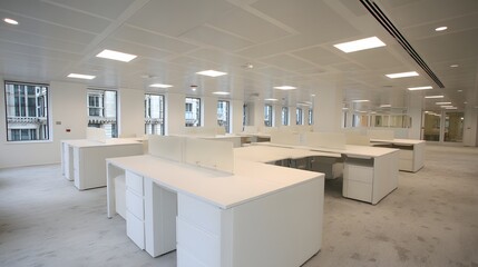 Empty modern office space with white desks and partitions.