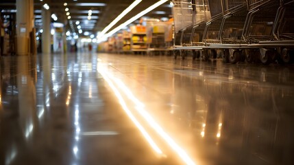 Obraz premium Polished concrete floor in a supermarket aisle.
