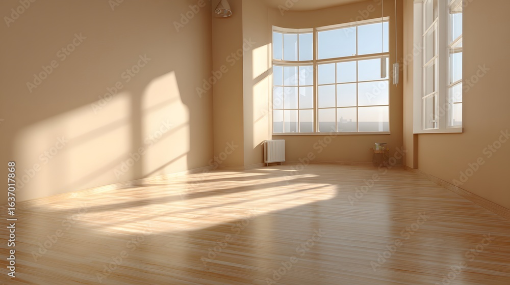 Poster empty room with large window and sunlight.