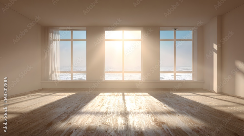 Poster empty room with large windows overlooking the ocean.