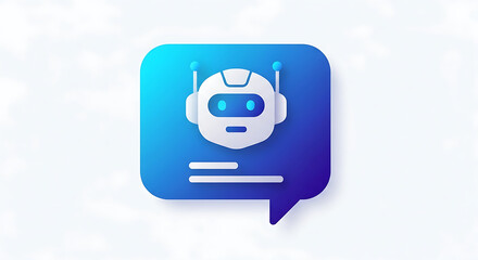 Illustration of a white robot head inside a blue speech bubble on a white background in a digital style