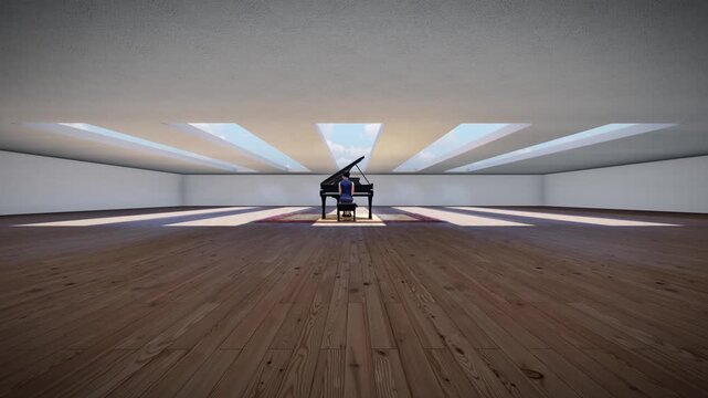 This stock motion graphic video of Cinematic Empty Piano Hall with gentle overlapping curves on seamless loops