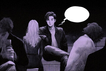 suspenseful conversations, comic panel shows characters whispering with small dashed speech bubble in a subtle indoor setting atmosphere