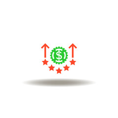Vector illustration of coin dollar and five stars with arrows up. Icon of money analysis and financial satisfaction. Symbol of investment assessment and profit growth.