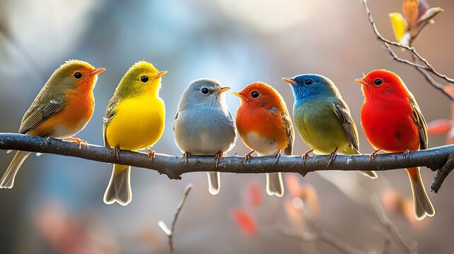 Group of colorful songbirds on branch in morning light. Vibrant feathers and social behavior celebrate importance of avian health. Bird Health Awareness Week